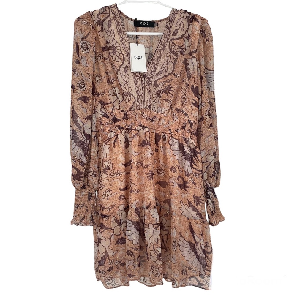 O.P.T NWT FLORAL DEGAGE PEACH ROSE GOLD METALLIC BOHO PEASANT DRESS SMALL ANTHRO - Picture 2 of 11